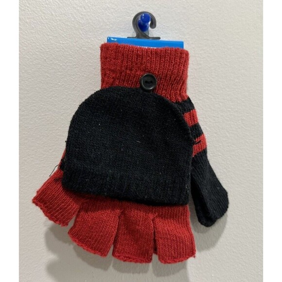 Girls fingerless glove mitten striped red black knitted convertible flip top - Picture 2 of 3